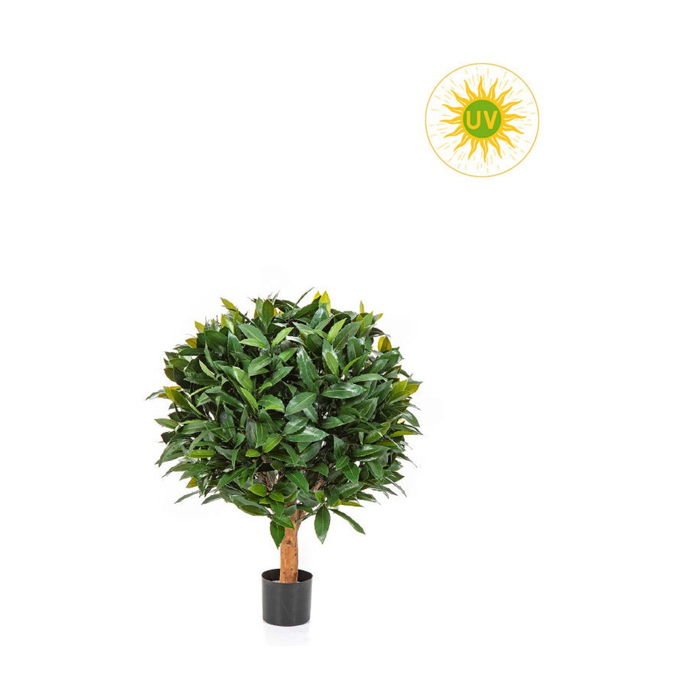 UV-álló, gömb alakú, mű babérfa fekete, műanyag cserépben.