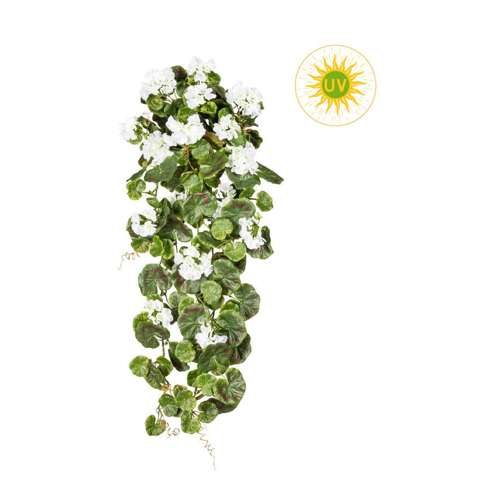 Élethű megjelenésű, UV-álló, dús levélzettel rendelkező, mesterséges muskátli csüngő