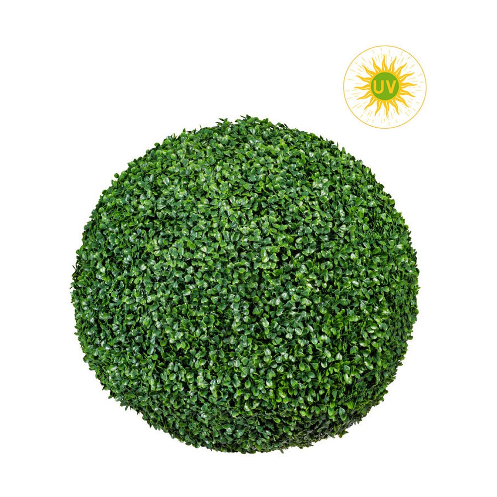 Élethű megjelenésű, nagyméretű, UV-álló, dekorációs bukszus gömb.