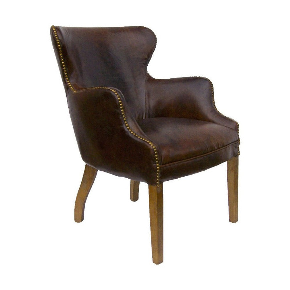 Vintage stílusú, dohánybarna színű, bőrrel kárpitozott bőr karosszék.