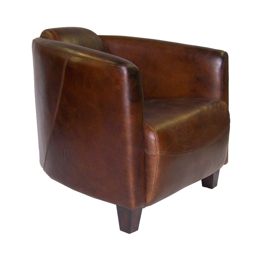 Vintage bőrfotel elölnézetből, dohánybarna, antikolt marhabőr kárpitozással