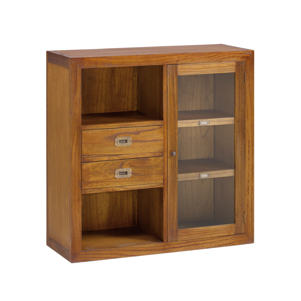 Loft stílusú, mindifából készült vitrines tároló két nyitott polccal, két fiókkal és üveges tárolóval.