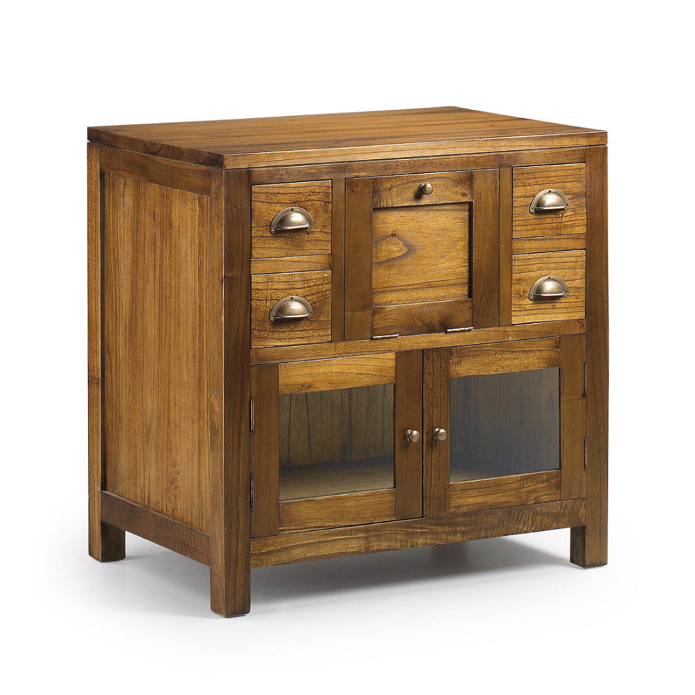 Loft stílusú, tömör mindifából készült mosdószekrény fókokkal és üveges tárolóval