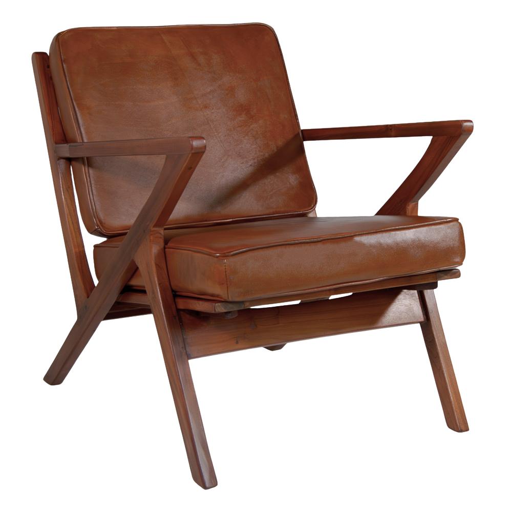 Teakfából készült, antikolt dohánybarna színű bőrrel kárpitozott, kézműves design fotel.
