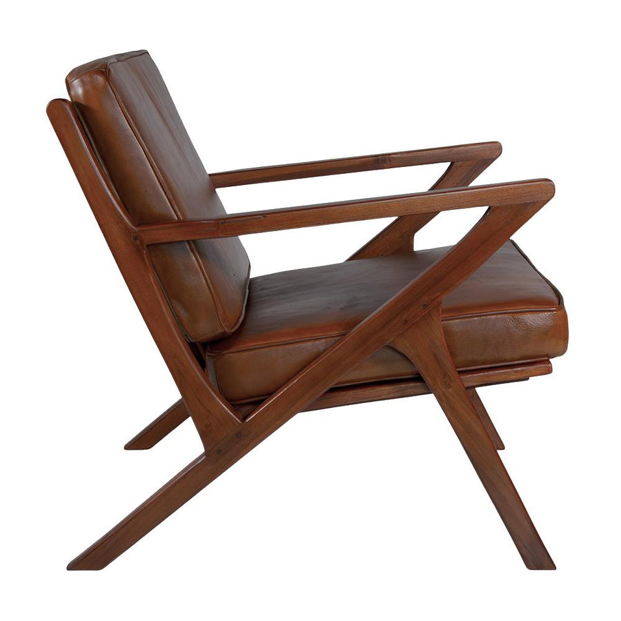 Teakfából készült, antikolt dohánybarna színű bőrrel kárpitozott, kézműves design fotel.