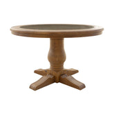 Koloniál stílusú, tölgyfából készült, kör formájú étkezőasztal rattan- és üvegbetéttel.