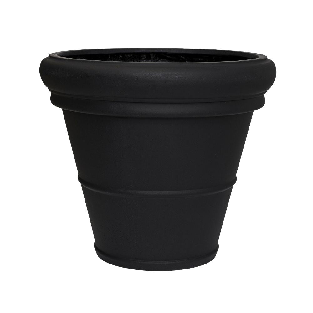 Heritage matt fekete, kúpos fiberstone kaspó 90 cm átmérővel és 79 cm magassággal, széles, lekerekített peremmel és klasszikus díszítőgyűrűkkel, fehér háttéren.
