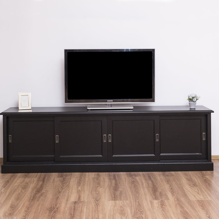 Dark Maison pine TV cabinet 246 cm with four panel doors shown against a white background