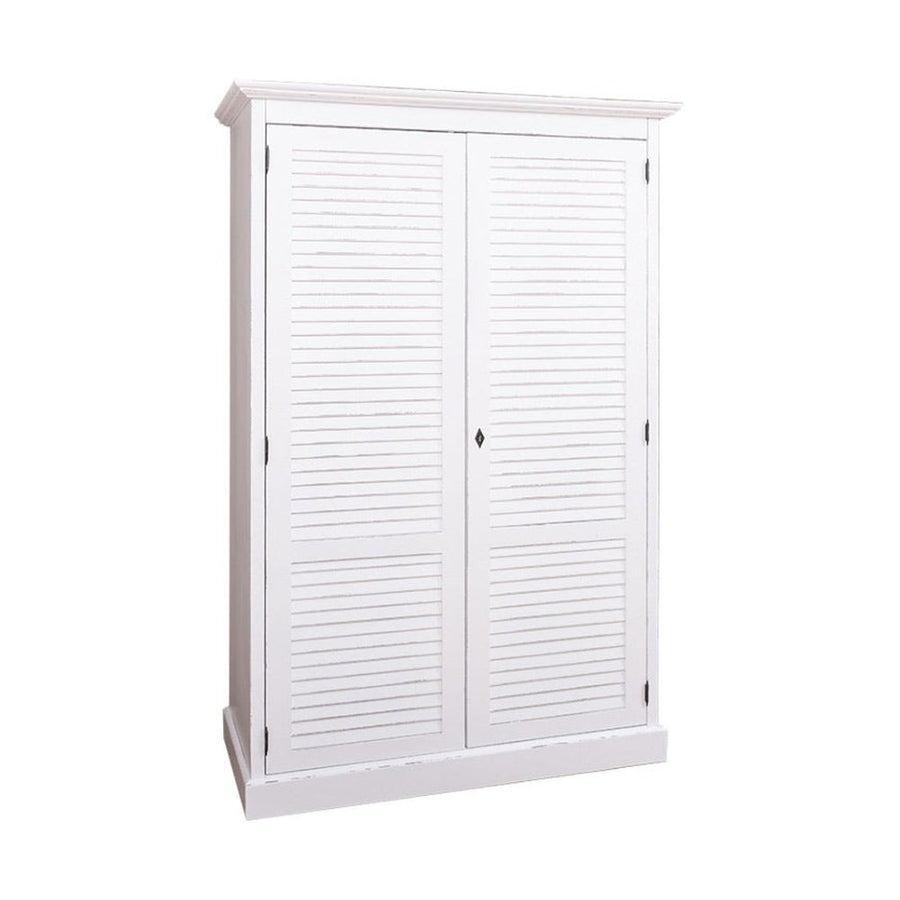 White Maison Shutter pine wardrobe with two louvered doors and a classic crown trim