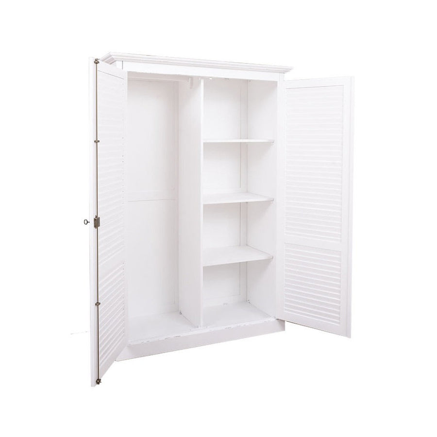 White Maison Shutter wardrobe with doors open revealing a shelved interior