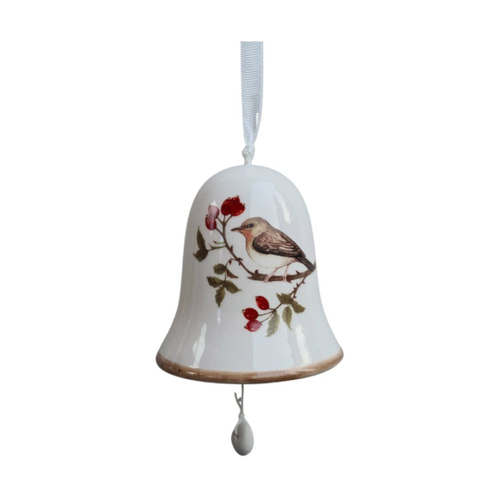 Téli énekesmadárral díszített karácsonyi kerámia harang.