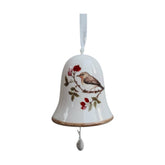 Téli énekesmadárral díszített karácsonyi kerámia harang.
