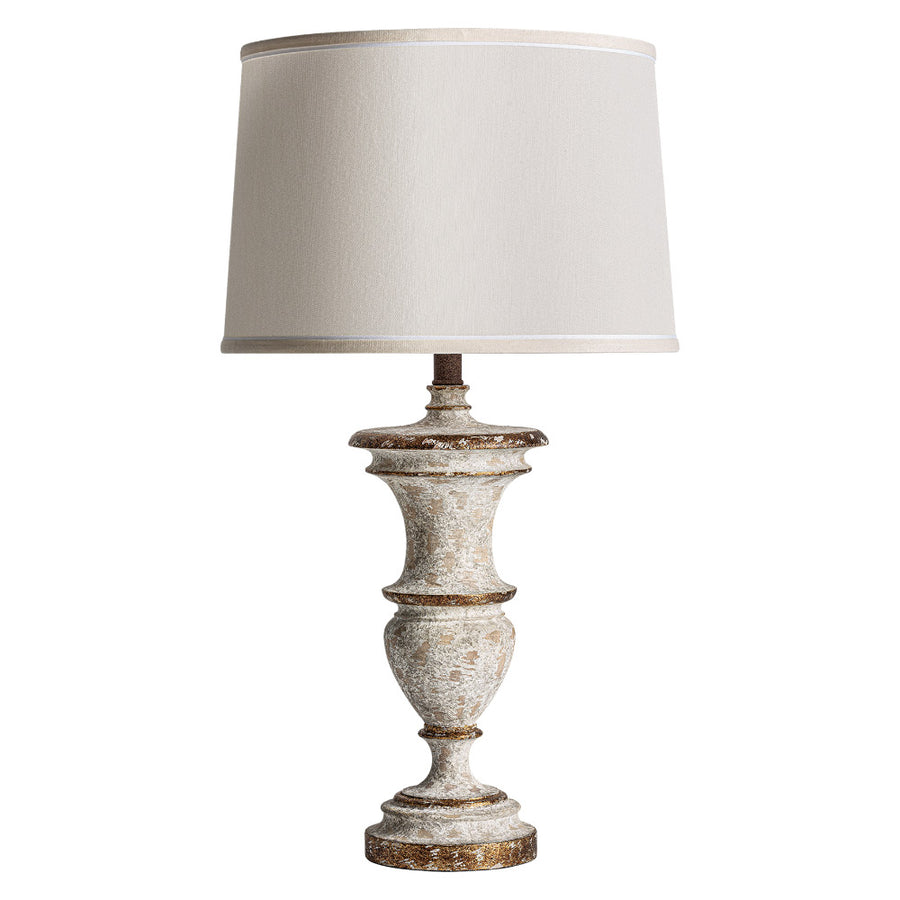 74 cm magas Shabby Light asztali lámpa antikolt fehér felülettel arany kontúrokkal és eukaliptuszból faragott talppal