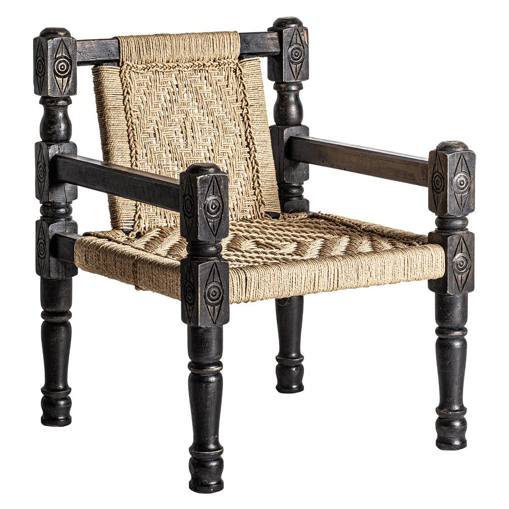 Kortárs stílusú, újrahasznosított fenyőfából készült, antikolt fekete színű karosszék