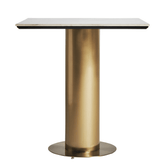 Art deco ihletésű, aranyszínű, fém bárasztal, fehér színű műmárvány fedlappal.