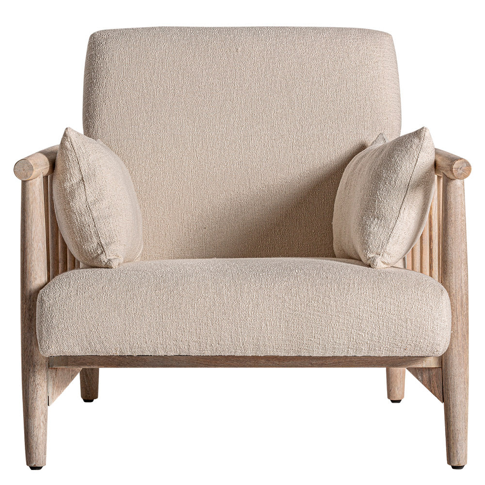 Vidéki kortárs stílusú, natúr színű, bukléhatású pamuttal kárpitozott, nyírfa fote