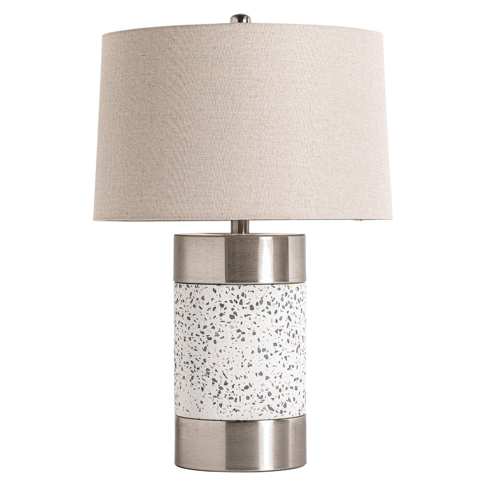 Kortárs stílusú, fémből és kőből készült asztali lámpa, natúr színű lámpaernyővel