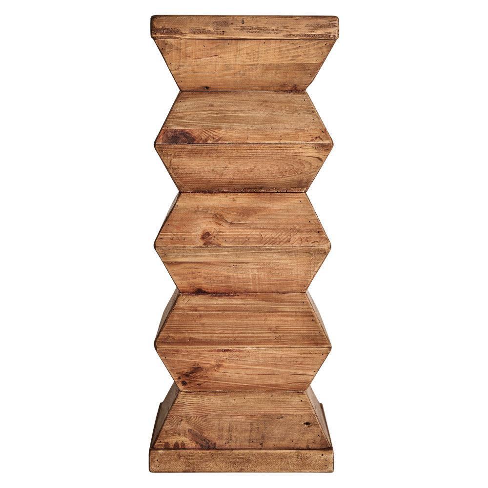 Kortárs stílusú, natúr színű, újrahasznosított fenyőfából készült, posztamens.