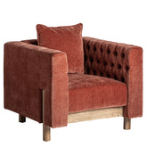 Kortárs stílusú, fenyőfából és tölgyfából készült, burgundi vörös színű, bársonyhatású poliészter szövettel kárpitozott dizájn fotel