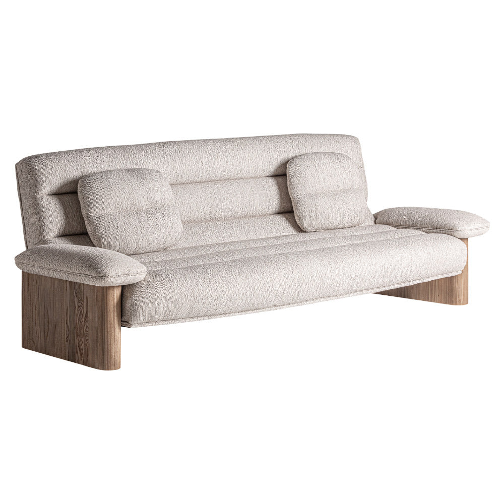 Jacquard kanapé bézs kárpittal és tömör szilfa oldallal – perspektivikus nézet