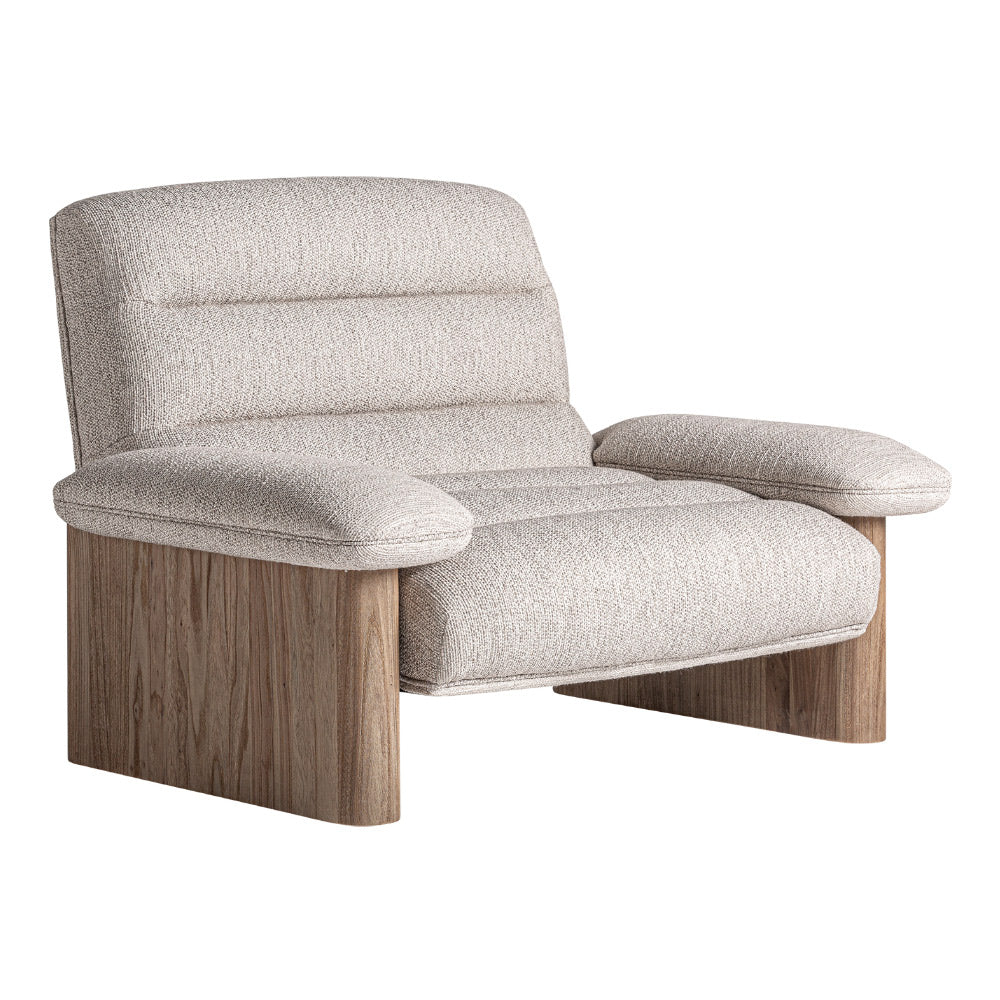 Buklé hatású bézs kárpitozású Jacquard fotel natúr nyírfa lábbal – perspektivikus nézet