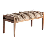 Törzsi ihletésű kárpitozású mangófa pad – perspektivikus nézet, boho–kortárs megjelenés