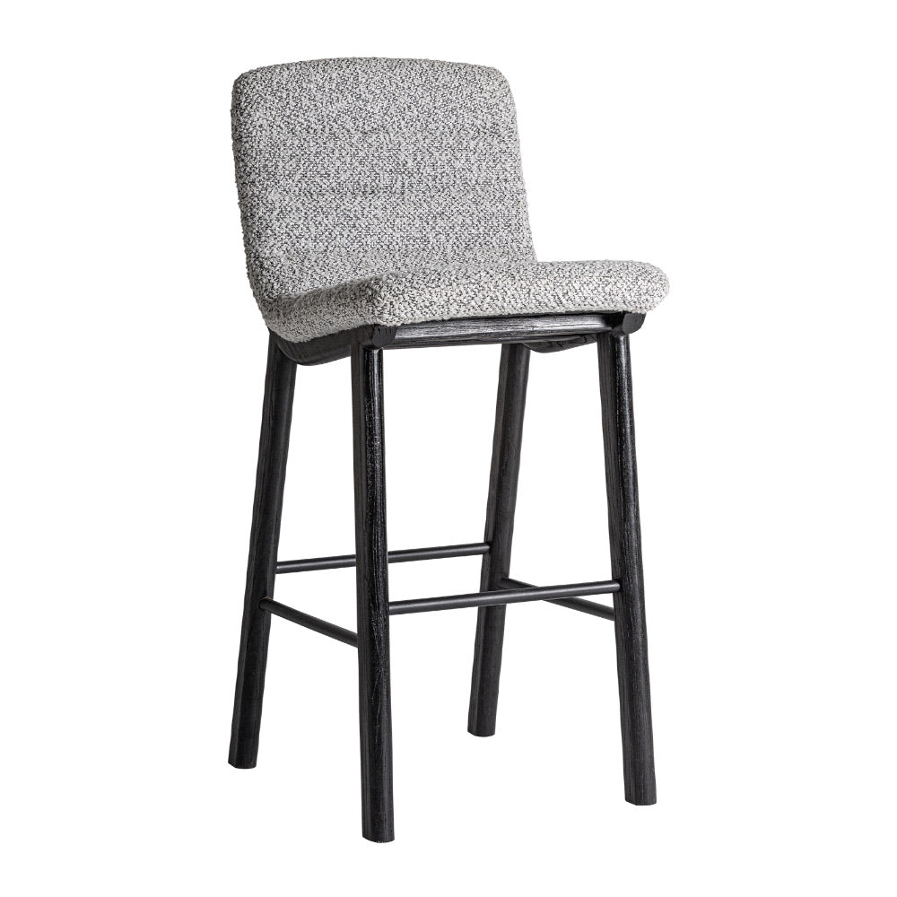 Jacquard bárszék háromnegyedes nézet – fekete nyírfa és szürke buklé kárpit