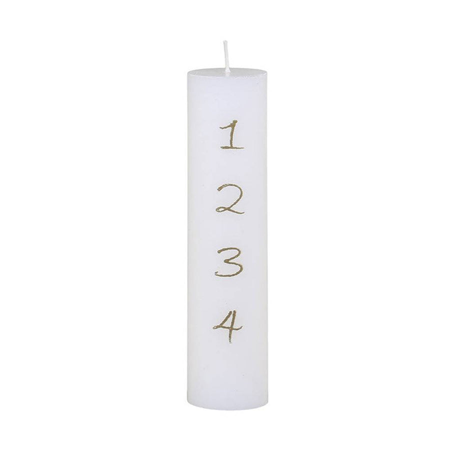 Antik fehér színű paraffinból készült,, aranyszínű számokkal díszített adventi gyertya.