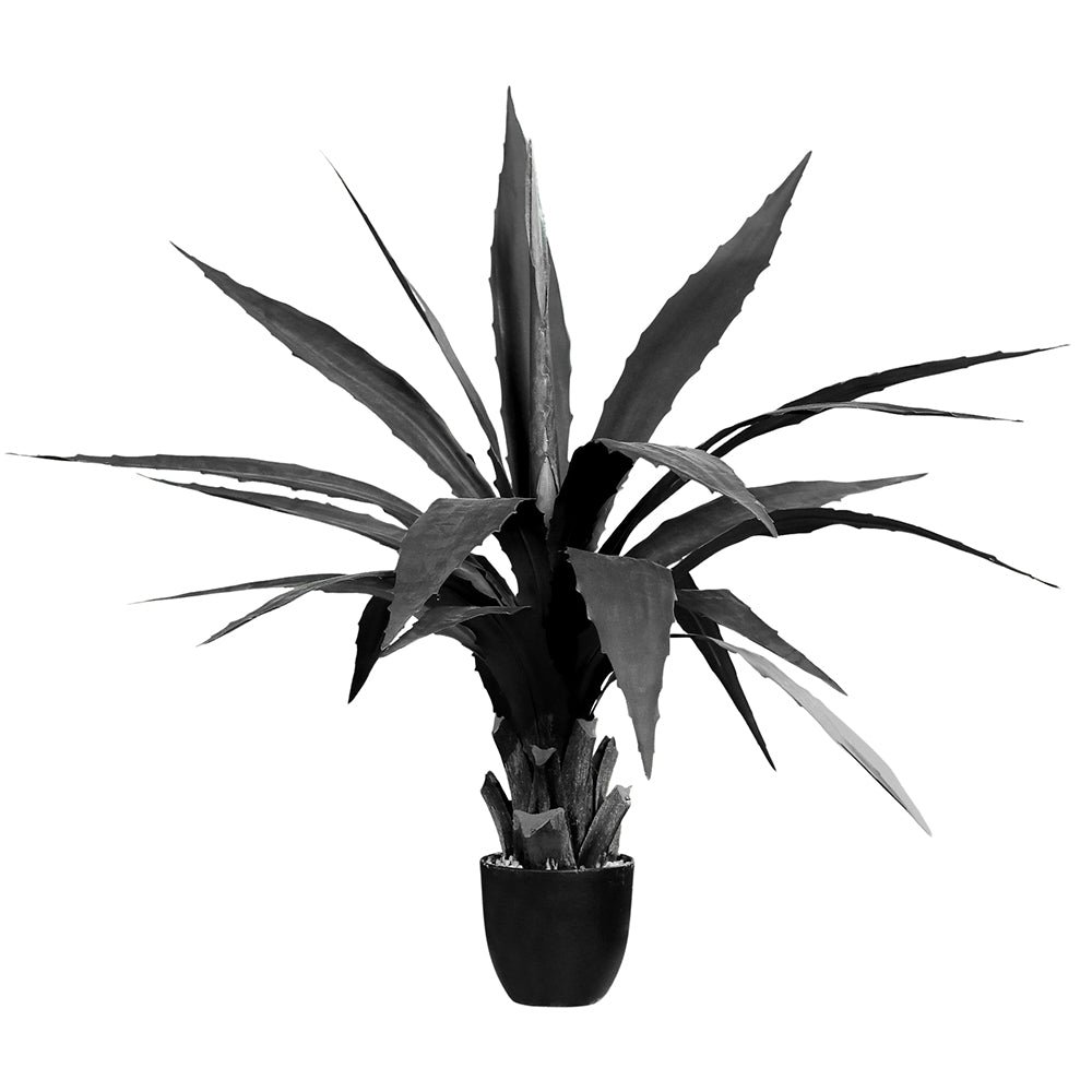 Fekete színű, 90 cm magas mű agave növény fekete cserépben, széles és hegyes levelekkel