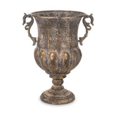 Dekoratív kialakítású, patinás felületű, aranyszínű, fém díszkaspó.