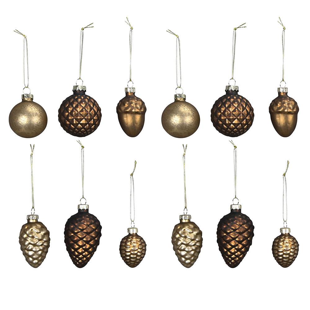 Antique bronz üveg karácsonyfadísz szett 12 darabos kiszerelésben, különböző formákkal – gömb, toboz és makk mintákkal.