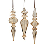 Három darab borostyánsárga, kézzel fújt üveg jégcsap karácsonyfadísz szett, különböző elegáns formákkal.