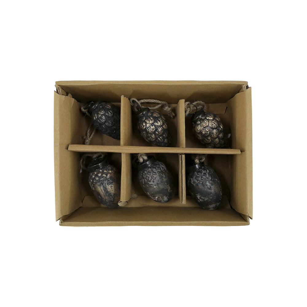 Antik mokka üveg karácsonyfadísz szett 6 db-os díszdobozban, kétféle mintázattal