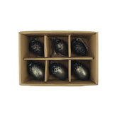 Antik olívazöld üveg karácsonyfadísz szett 6 db-os díszdobozban, kétféle mintázattal