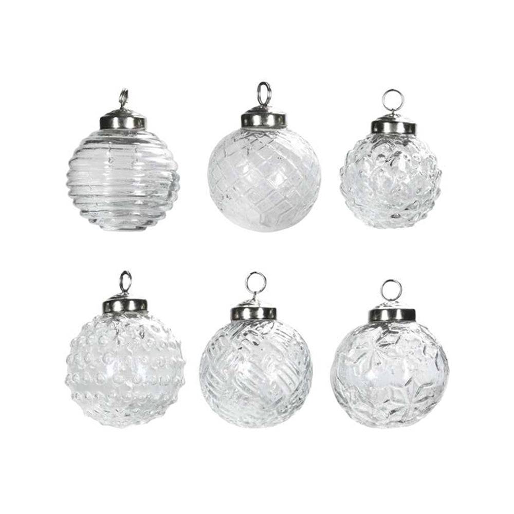 Antique 6 db-os áttetsző üveg karácsonyfadísz szett különböző mintázatú, strukturált felülettel és ezüst akasztóval.