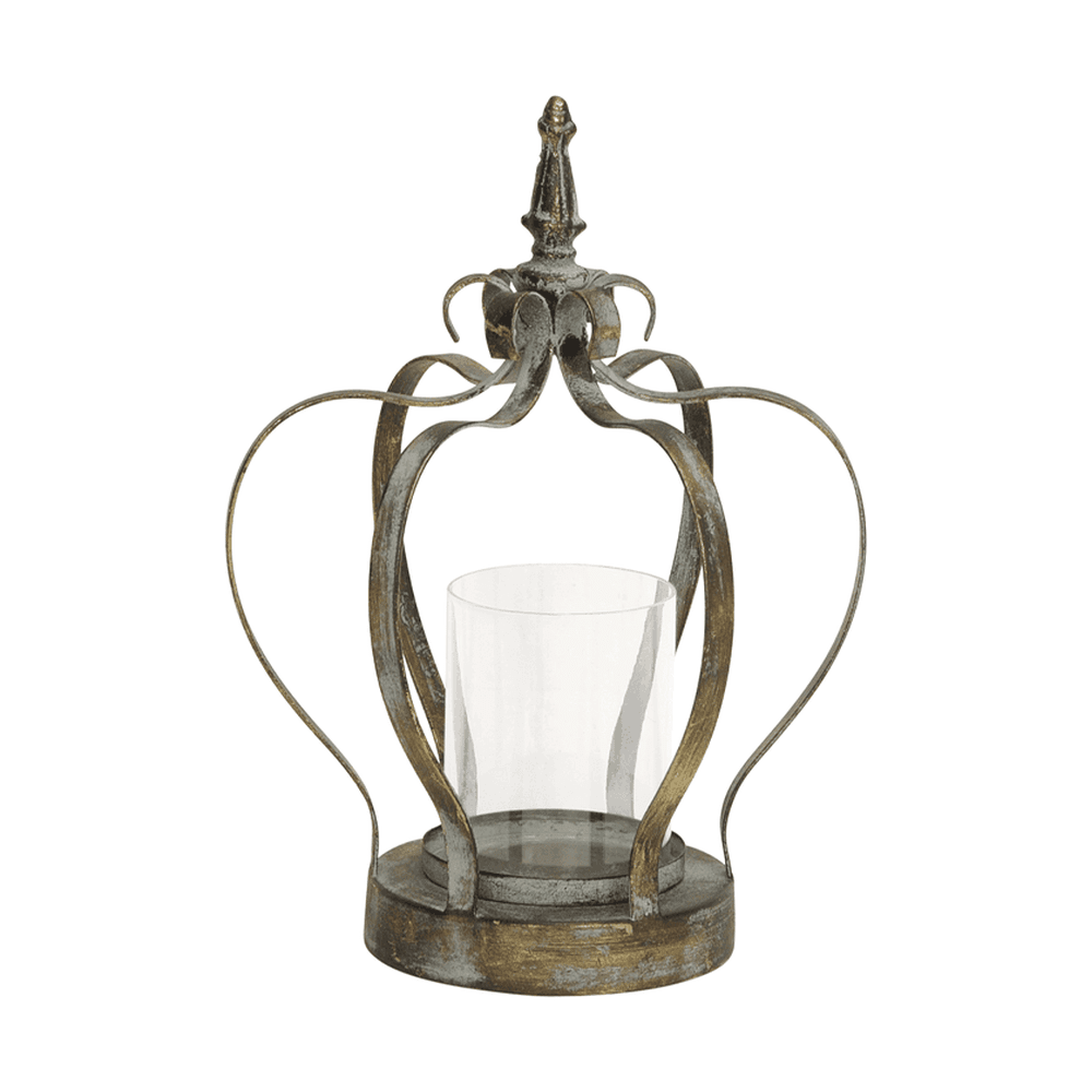 Antikolt aranyszínű, korona formájú fém lámpás üvegbúrával, rusztikus vidéki stílusban, az Antique Metals kollekcióból, 29 cm magas.