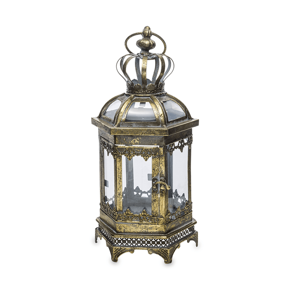 Díszes, antikolt felületű, óarany színű fém lámpás.