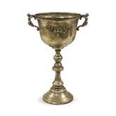 Dekoratív kialakítású, patinás felületű, aranyszínű, fém díszkaspó.