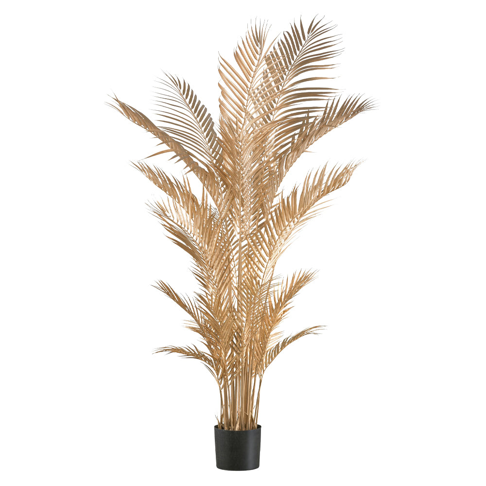Aranyszínű, 157 cm magas mű aranypálma fekete kaspóban, glamour stílusban.