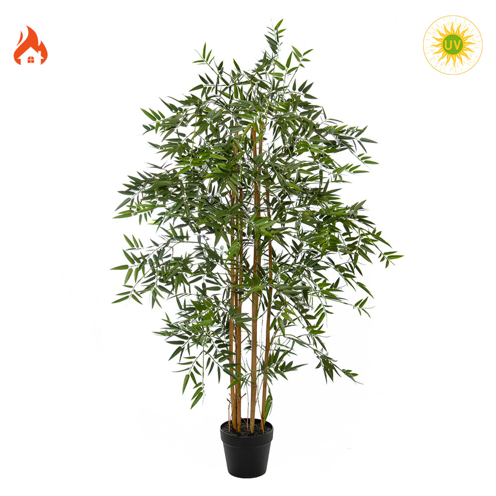 Tűz- és UV-álló, 180 cm magas élethű mű bambusz, fekete kaspóban, valódi bambusztörzsekkel.