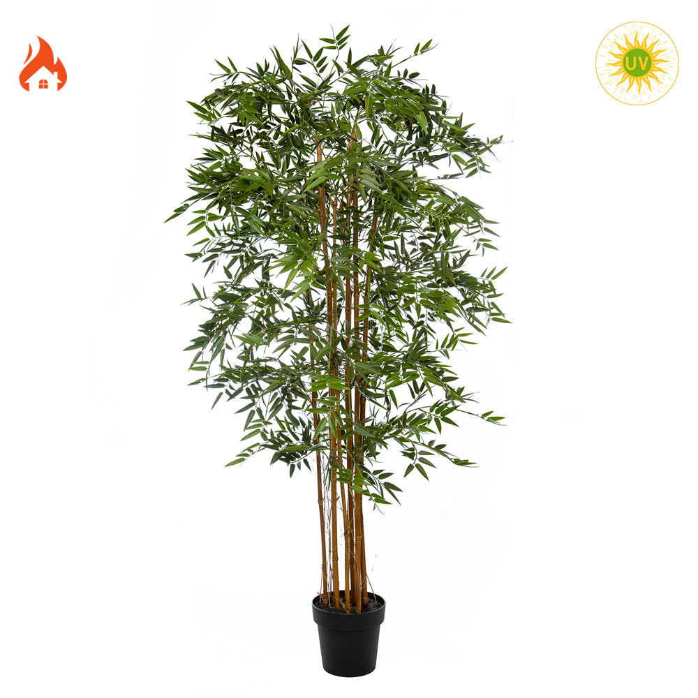 Tűz- és UV-álló, 210 cm magas élethű mű bambusz, fekete kaspóban, valódi bambusztörzsekkel.