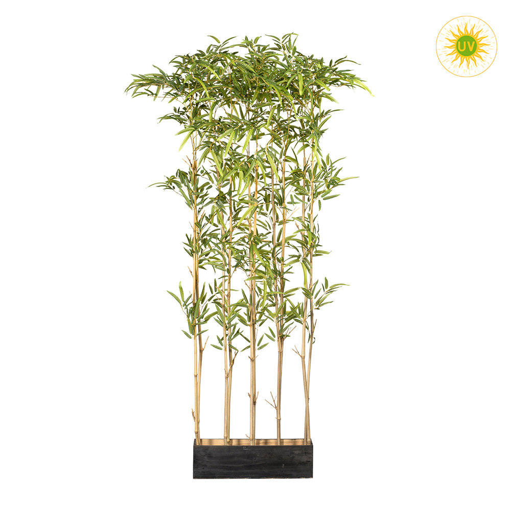 160 cm magas, UV-álló mű bambusz térelválasztó fekete fa kaspóban, valódi bambusz törzzsel és 1620 lándzsa alakú levéllel.