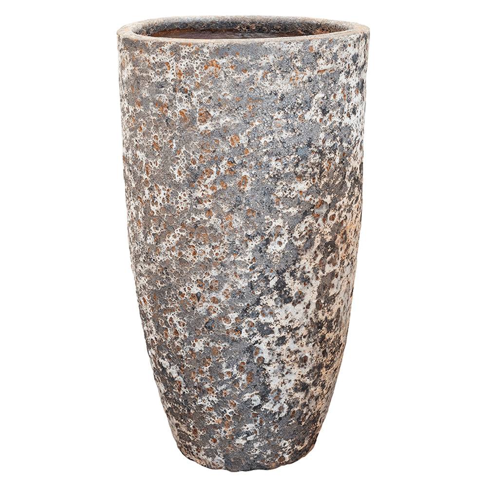 Rozsdás fémes hatású, magas kerámia kaspó a BAQ Lava kollekcióból, Partner formában, 105 cm-es magassággal.