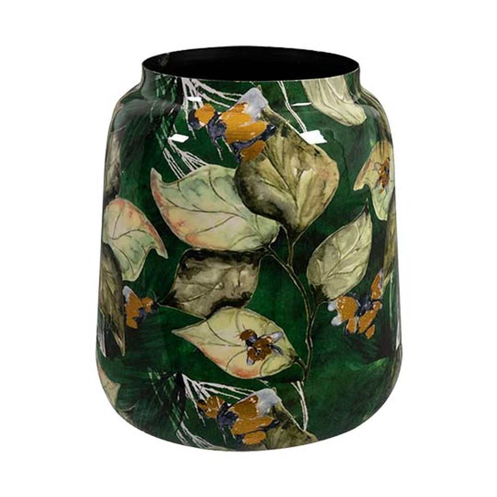 Bee Green kézzel festett design kaspó Ø 21 × 24 cm méretben – zöld alapon levelekkel és virágmintával, arany részletekkel