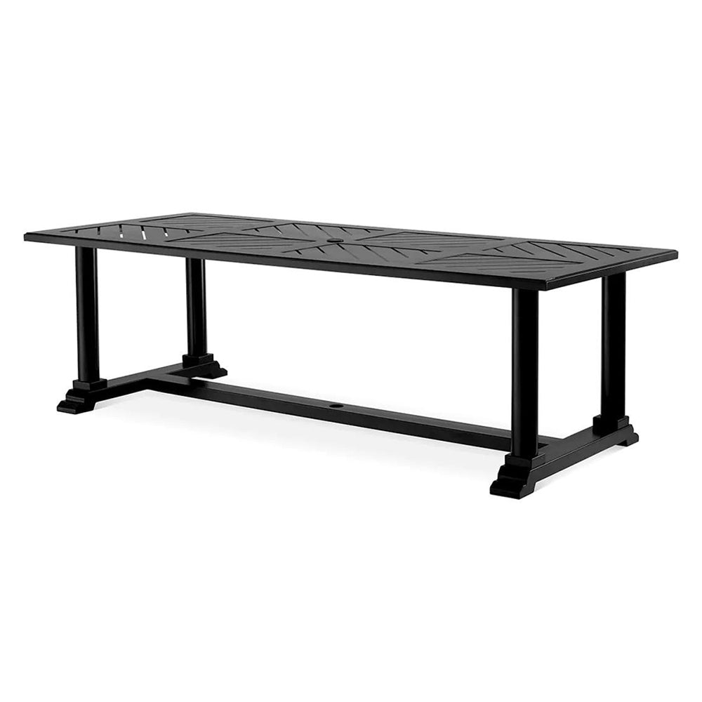 Matt fekete színű, porszórt alumíniumból készült, formatervezett kerti design étkezőasztal.