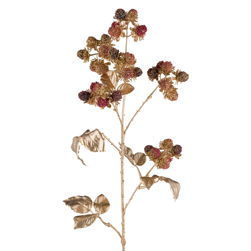 Aranyszínű mű szeder ág 78 cm magas, élethű bogyókkal és arany levelekkel.