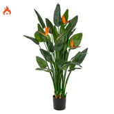 BIRD OF PARADISE tűzálló mű strelitzia 150 cm, élethű zöld levelekkel és narancssárga virágokkal.