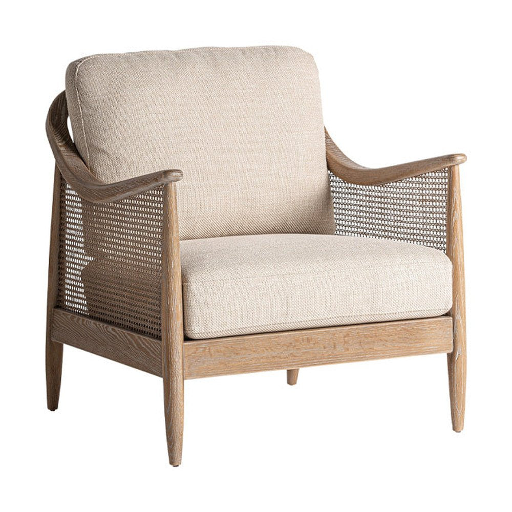 Tömör kőrisfából készült, rattanszövettel kialakított, bézs színű szövettel kárpitozott, formatervezett kortárs fotel.