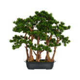 Zöld színű, mű fenyő bonsai fa, fekete színű műanyag cserépbe.