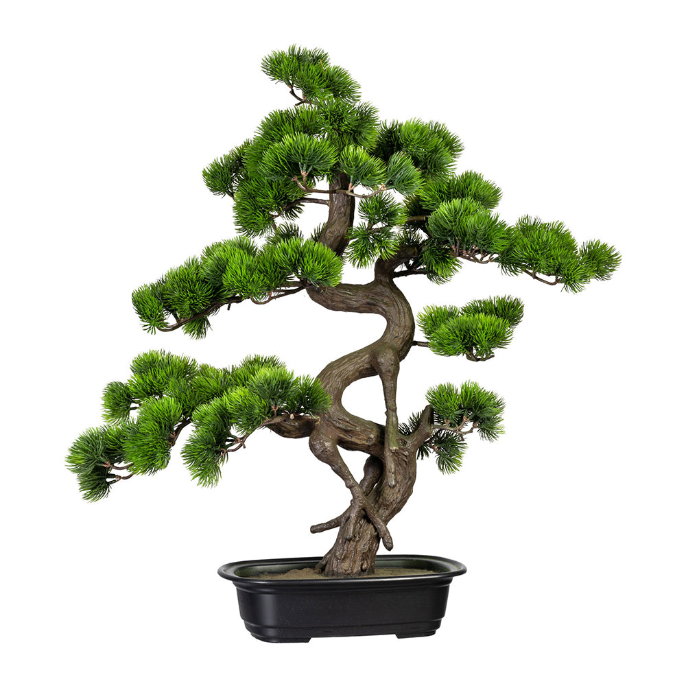 Zöld színű, mű fenyő bonsai fa, fekete színű, ovális műanyag cserépben.